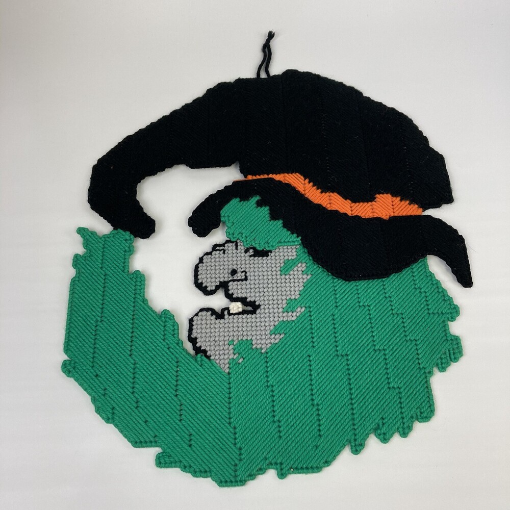 VTG Halloween Plastic Needlepoint Witch Head 16" Canvas Wall Hanging Decoration